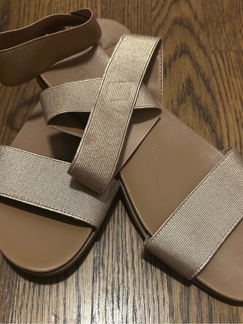 Source Unknown Metallic gold Tan Elastic Strap Sandals Sylvie